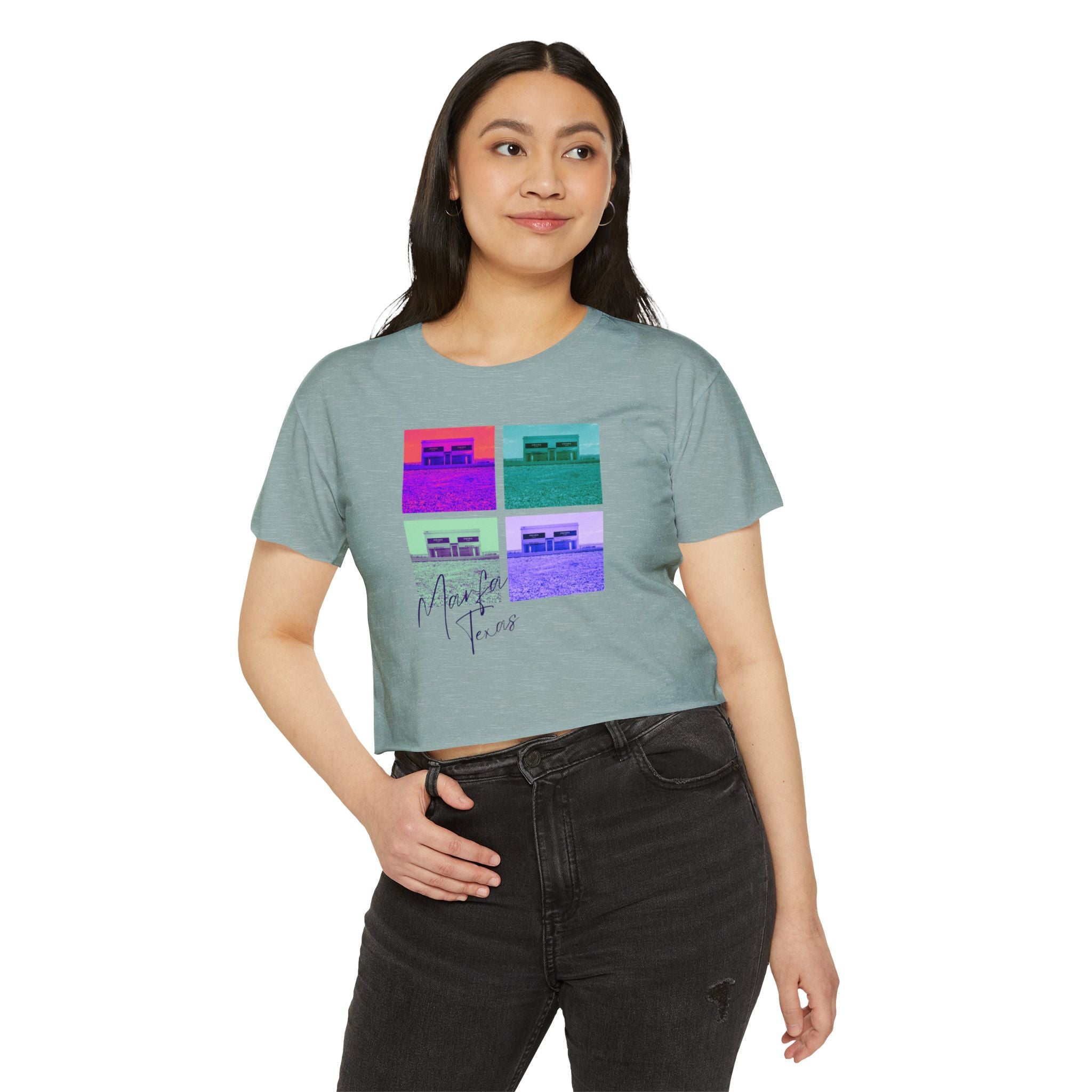 トップス Prada graphic art t shirts Marfa Pop Art Prada Marfa Crop Top | Retro Festival Graphic Tee