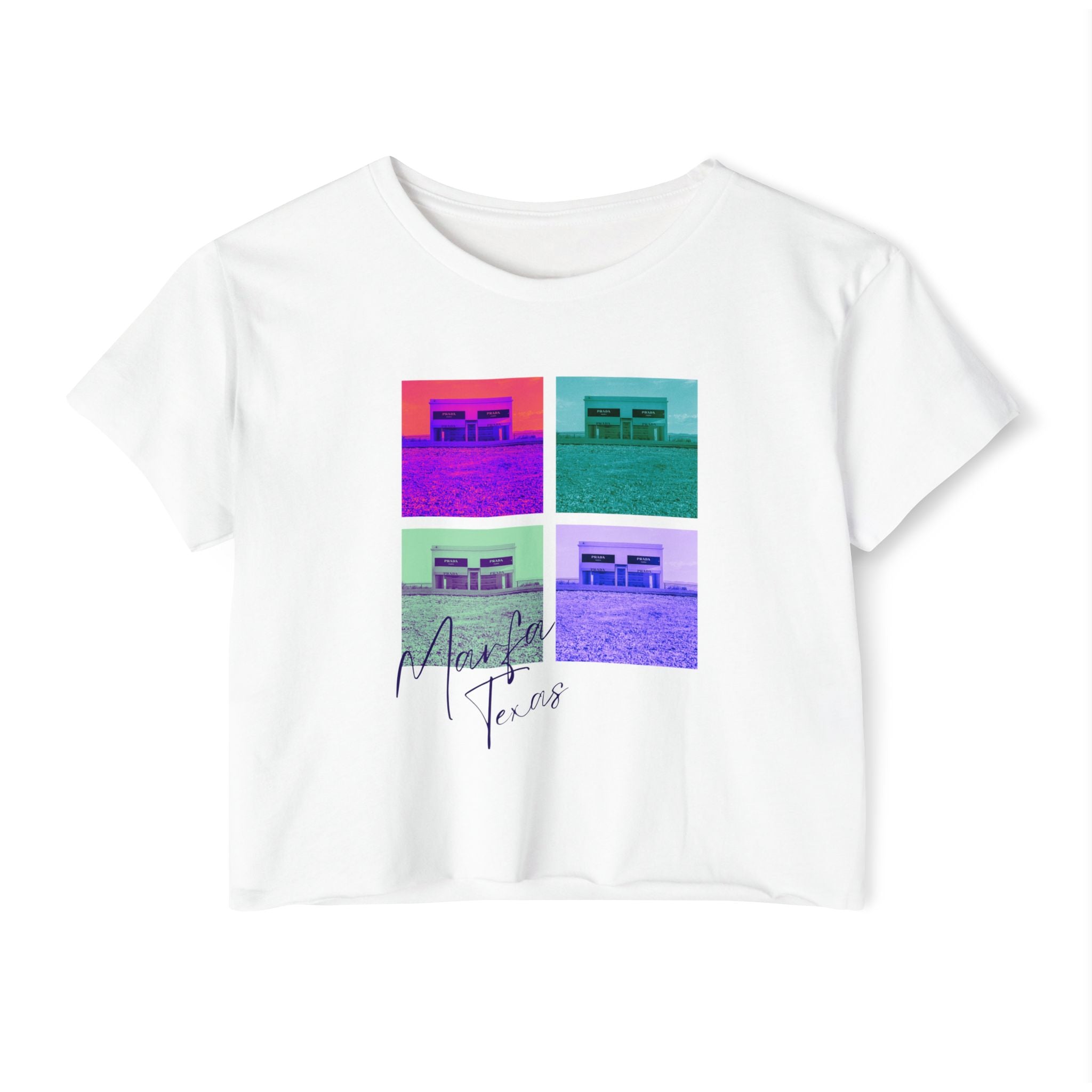 トップス Prada graphic art t shirts Marfa Pop Art Prada Marfa Crop Top | Retro Festival Graphic Tee