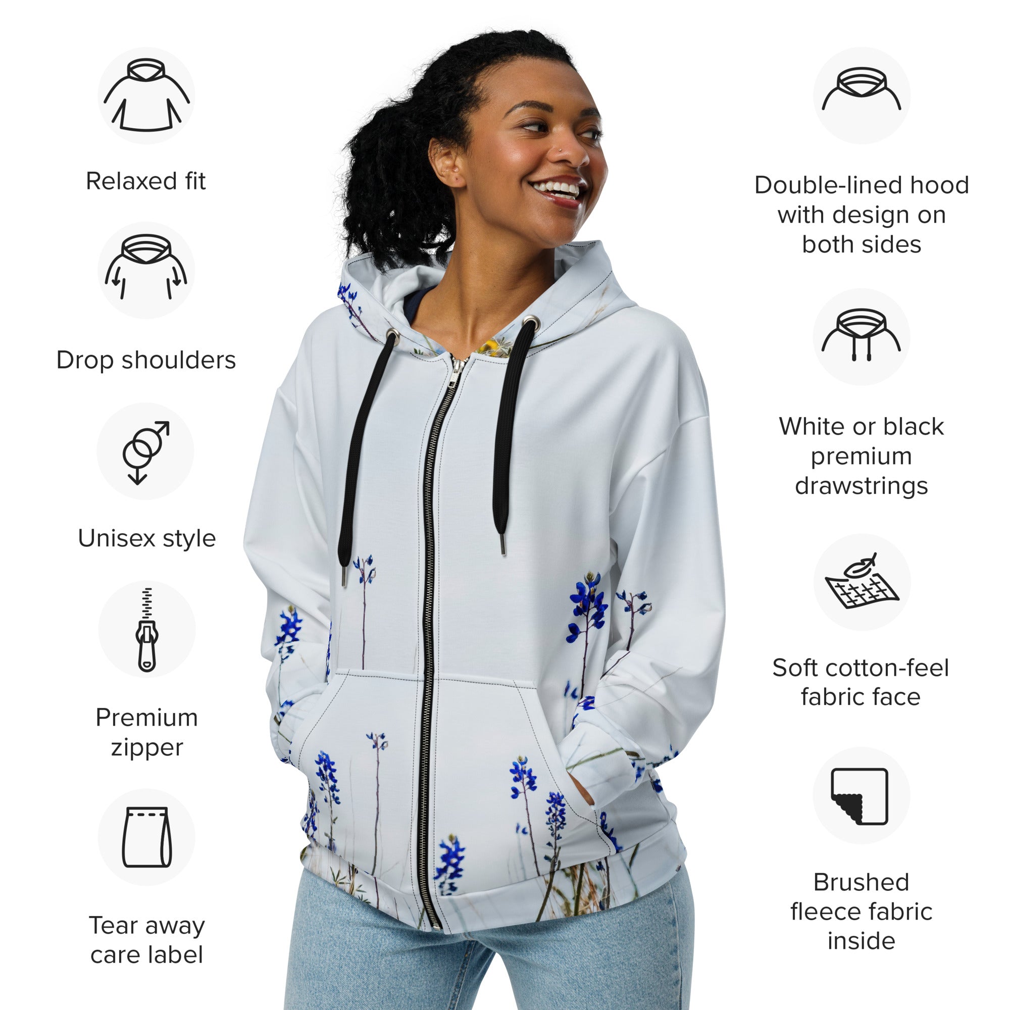 トップス detachable design zip hoodie Bluebonnet Unisex Zip Hoodie – Love Marfa